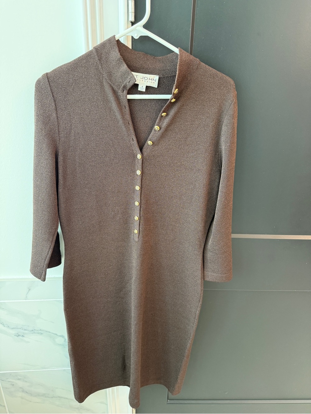 St. John Collection Brown Knit Midi Dress with Gold Buttons